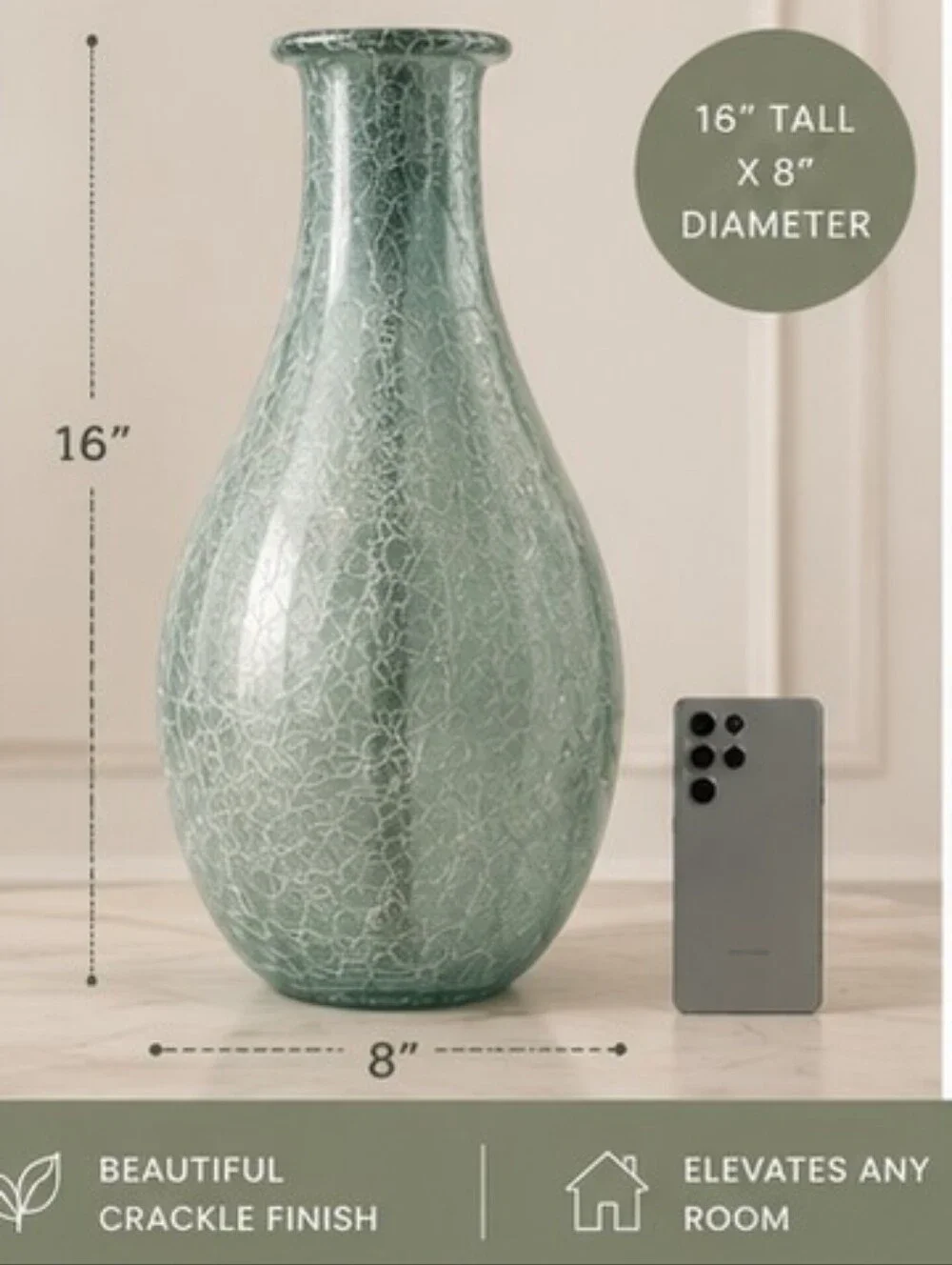 Aqua Mint Green Crackle Glass Vase | 16